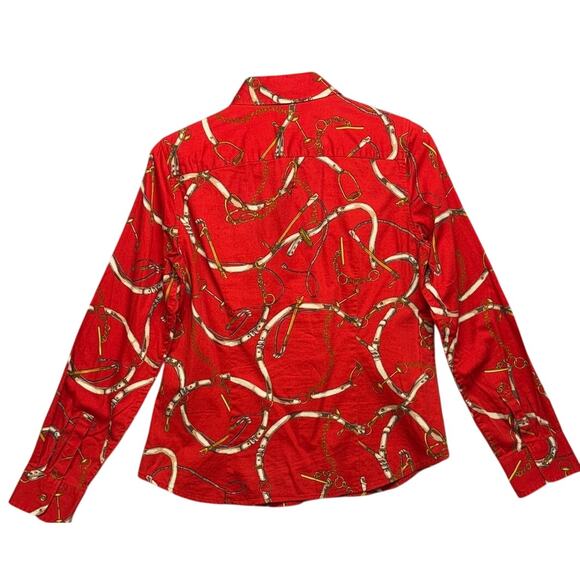 Talbots Red Gold Equestrian Print Button Down Long Sleeve Blouse Women 10 - Picture 2 of 6